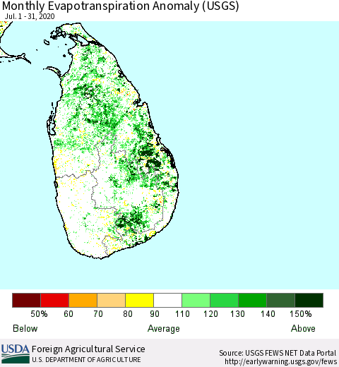Sri Lanka Monthly Actual Evapotranspiration Anomaly (USGS) Thematic Map For 7/1/2020 - 7/31/2020