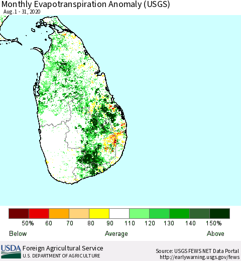 Sri Lanka Monthly Evapotranspiration Anomaly (USGS) Thematic Map For 8/1/2020 - 8/31/2020