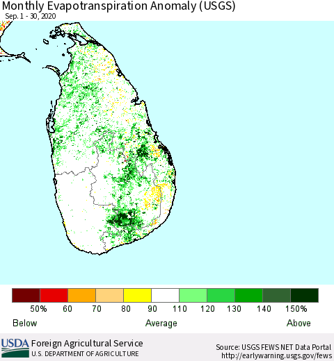 Sri Lanka Monthly Evapotranspiration Anomaly (USGS) Thematic Map For 9/1/2020 - 9/30/2020