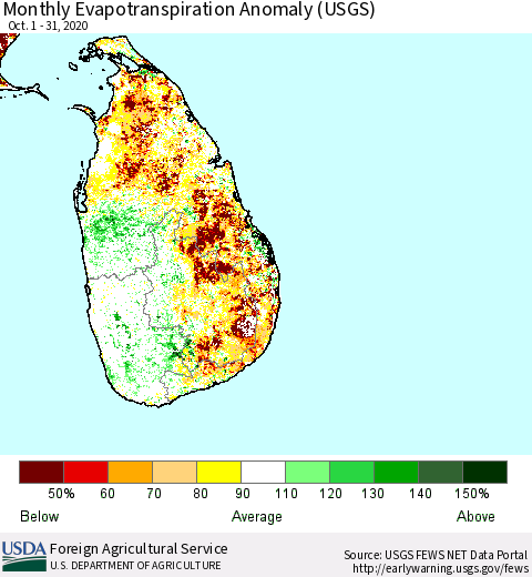 Sri Lanka Monthly Actual Evapotranspiration Anomaly (USGS) Thematic Map For 10/1/2020 - 10/31/2020