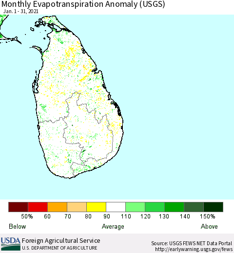 Sri Lanka Monthly Actual Evapotranspiration Anomaly (USGS) Thematic Map For 1/1/2021 - 1/31/2021