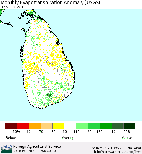 Sri Lanka Monthly Evapotranspiration Anomaly (USGS) Thematic Map For 2/1/2021 - 2/28/2021