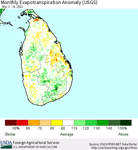 Sri Lanka Monthly Actual Evapotranspiration Anomaly (USGS) Thematic Map For 3/1/2021 - 3/31/2021