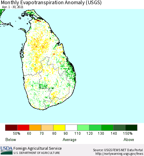 Sri Lanka Monthly Evapotranspiration Anomaly (USGS) Thematic Map For 4/1/2021 - 4/30/2021