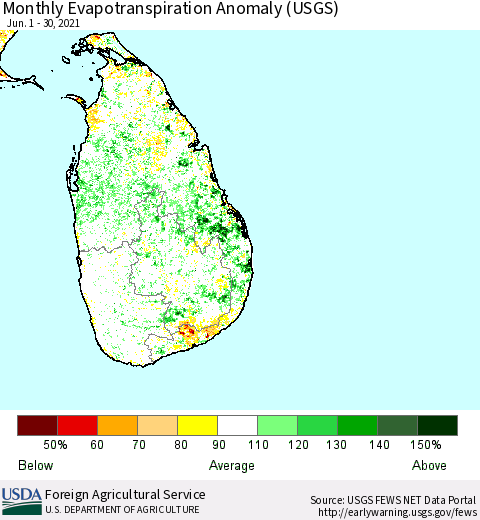Sri Lanka Monthly Actual Evapotranspiration Anomaly (USGS) Thematic Map For 6/1/2021 - 6/30/2021