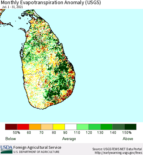 Sri Lanka Monthly Actual Evapotranspiration Anomaly (USGS) Thematic Map For 7/1/2021 - 7/31/2021