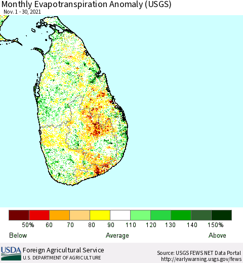 Sri Lanka Evapotranspiration Anomaly 1-Month (USGS) Thematic Map For 11/1/2021 - 11/30/2021