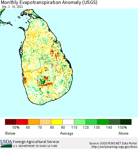 Sri Lanka Evapotranspiration Anomaly 1-Month (USGS) Thematic Map For 12/1/2021 - 12/31/2021