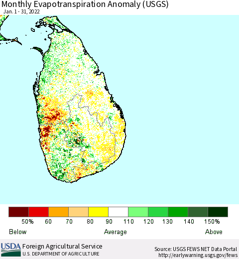 Sri Lanka Monthly Actual Evapotranspiration Anomaly (USGS) Thematic Map For 1/1/2022 - 1/31/2022
