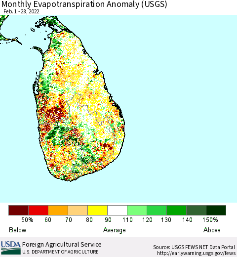 Sri Lanka Monthly Actual Evapotranspiration Anomaly (USGS) Thematic Map For 2/1/2022 - 2/28/2022