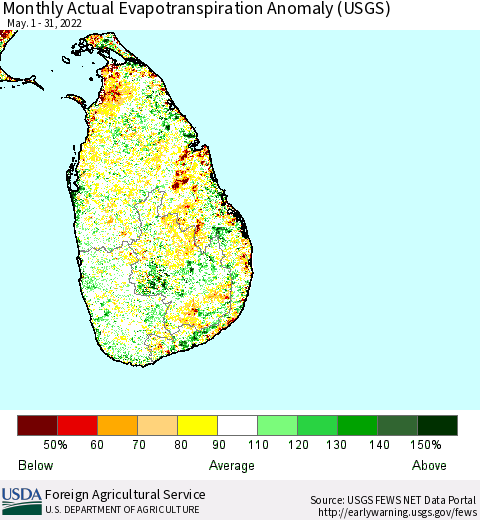 Sri Lanka Monthly Actual Evapotranspiration Anomaly (USGS) Thematic Map For 5/1/2022 - 5/31/2022