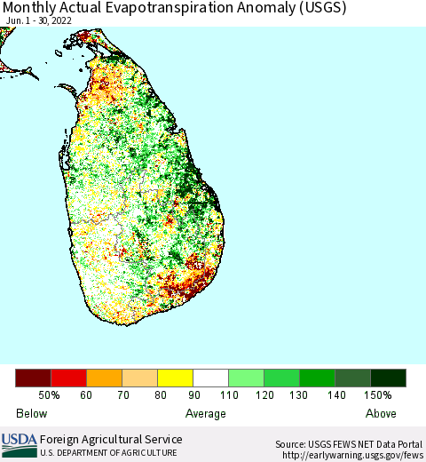 Sri Lanka Monthly Actual Evapotranspiration Anomaly (USGS) Thematic Map For 6/1/2022 - 6/30/2022