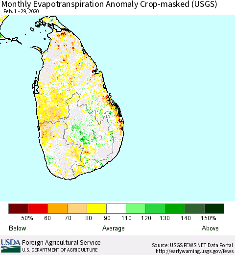 Sri Lanka Monthly Evapotranspiration Anomaly Crop-masked (USGS) Thematic Map For 2/1/2020 - 2/29/2020