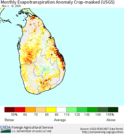 Sri Lanka Monthly Actual Evapotranspiration Anomaly over Croplands (USGS) Thematic Map For 3/1/2020 - 3/31/2020