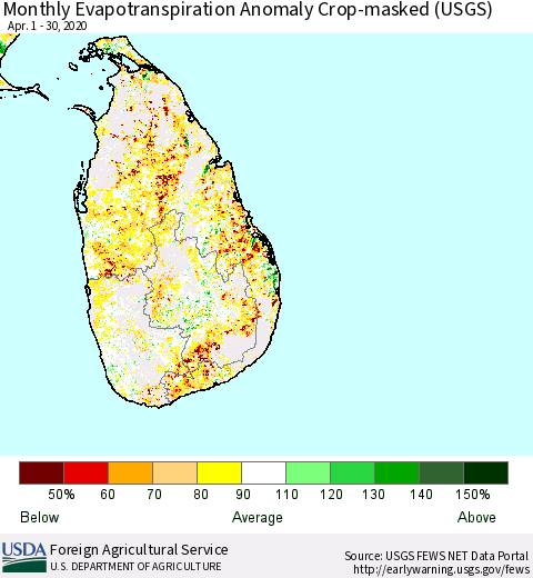 Sri Lanka Monthly Evapotranspiration Anomaly Crop-masked (USGS) Thematic Map For 4/1/2020 - 4/30/2020