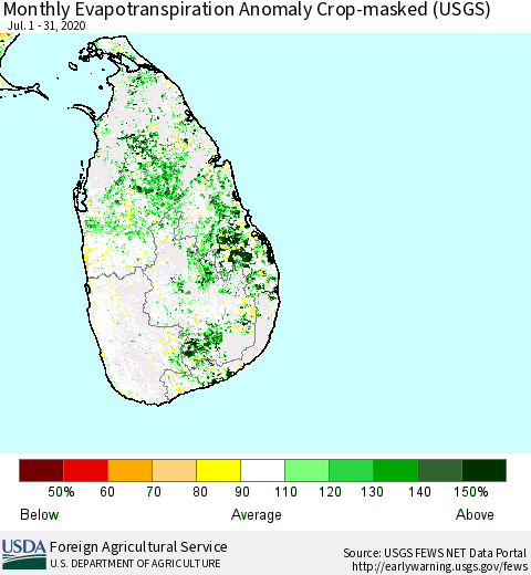 Sri Lanka Monthly Actual Evapotranspiration Anomaly over Croplands (USGS) Thematic Map For 7/1/2020 - 7/31/2020