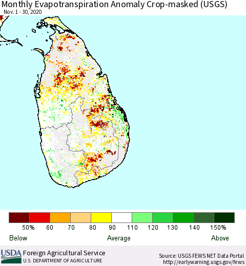 Sri Lanka Monthly Evapotranspiration Anomaly Crop-masked (USGS) Thematic Map For 11/1/2020 - 11/30/2020