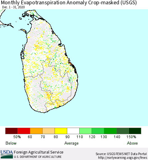 Sri Lanka Monthly Actual Evapotranspiration Anomaly over Croplands (USGS) Thematic Map For 12/1/2020 - 12/31/2020