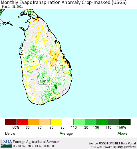 Sri Lanka Monthly Evapotranspiration Anomaly Crop-masked (USGS) Thematic Map For 3/1/2021 - 3/31/2021