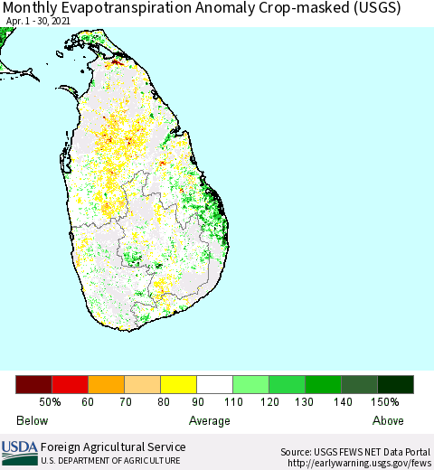 Sri Lanka Monthly Actual Evapotranspiration Anomaly over Croplands (USGS) Thematic Map For 4/1/2021 - 4/30/2021