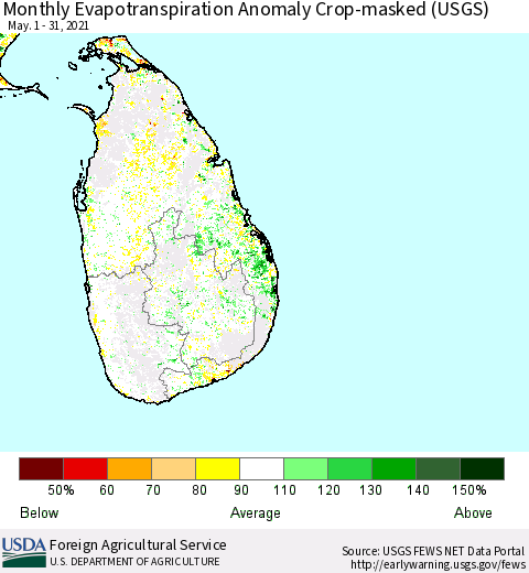 Sri Lanka Monthly Actual Evapotranspiration Anomaly over Croplands (USGS) Thematic Map For 5/1/2021 - 5/31/2021