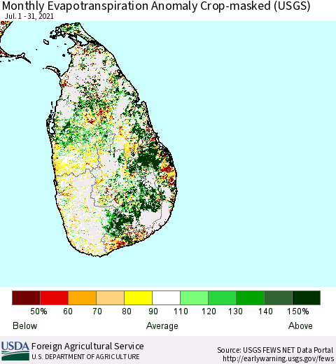 Sri Lanka Monthly Actual Evapotranspiration Anomaly over Croplands (USGS) Thematic Map For 7/1/2021 - 7/31/2021