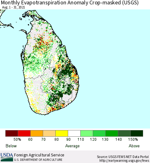 Sri Lanka Monthly Actual Evapotranspiration Anomaly over Croplands (USGS) Thematic Map For 8/1/2021 - 8/31/2021