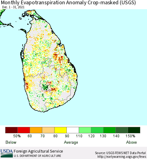 Sri Lanka Monthly Actual Evapotranspiration Anomaly over Croplands (USGS) Thematic Map For 12/1/2021 - 12/31/2021