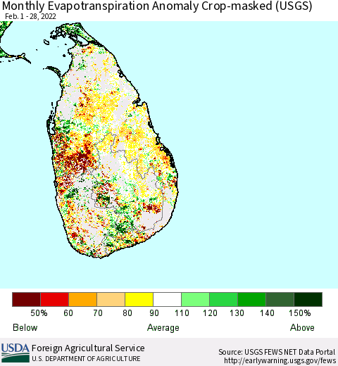 Sri Lanka Monthly Actual Evapotranspiration Anomaly over Croplands (USGS) Thematic Map For 2/1/2022 - 2/28/2022