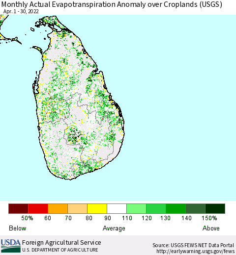 Sri Lanka Monthly Actual Evapotranspiration Anomaly over Croplands (USGS) Thematic Map For 4/1/2022 - 4/30/2022