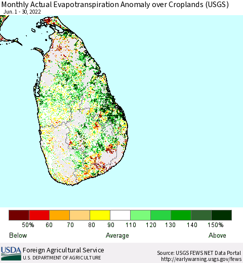 Sri Lanka Monthly Actual Evapotranspiration Anomaly over Croplands (USGS) Thematic Map For 6/1/2022 - 6/30/2022
