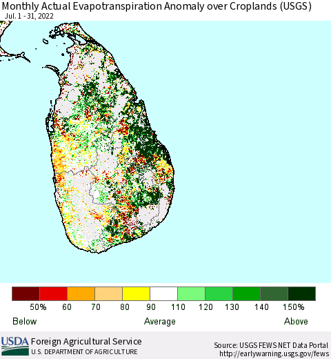 Sri Lanka Monthly Actual Evapotranspiration Anomaly over Croplands (USGS) Thematic Map For 7/1/2022 - 7/31/2022