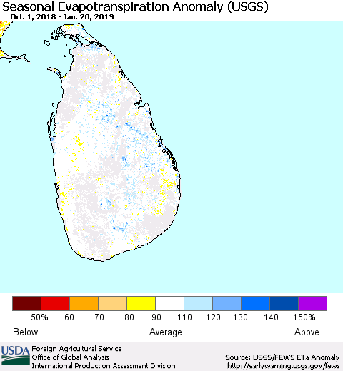 Sri Lanka Seasonal Actual Evapotranspiration Anomaly (USGS) Thematic Map For 10/1/2018 - 1/20/2019
