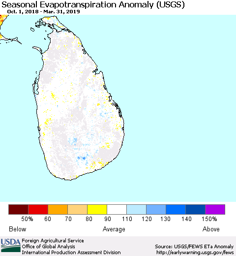 Sri Lanka Seasonal Actual Evapotranspiration Anomaly (USGS) Thematic Map For 10/1/2018 - 3/31/2019