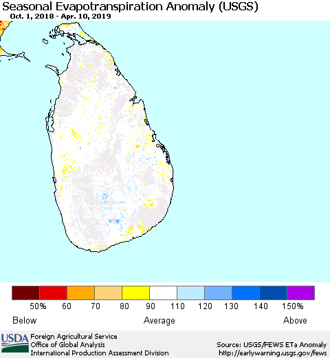 Sri Lanka Seasonal Actual Evapotranspiration Anomaly (USGS) Thematic Map For 10/1/2018 - 4/10/2019