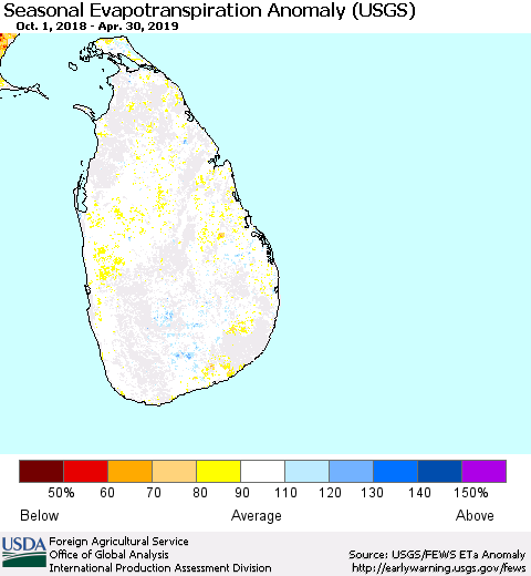 Sri Lanka Seasonal Actual Evapotranspiration Anomaly (USGS) Thematic Map For 10/1/2018 - 4/30/2019