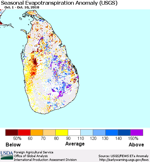 Sri Lanka Seasonal Actual Evapotranspiration Anomaly (USGS) Thematic Map For 10/1/2018 - 10/10/2018