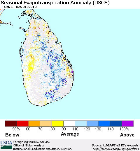 Sri Lanka Seasonal Actual Evapotranspiration Anomaly (USGS) Thematic Map For 10/1/2018 - 10/31/2018