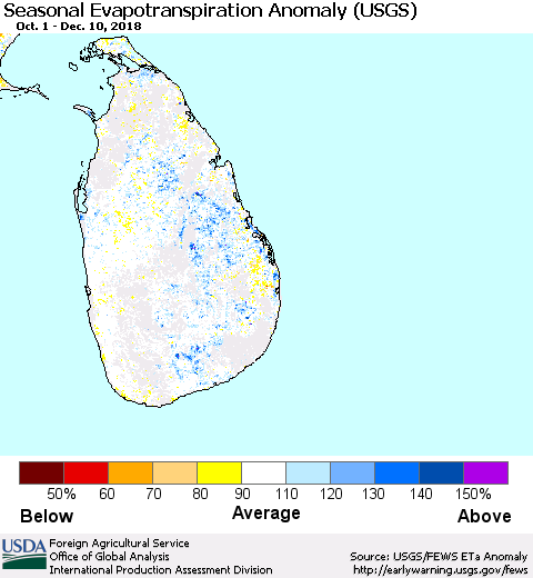 Sri Lanka Seasonal Actual Evapotranspiration Anomaly (USGS) Thematic Map For 10/1/2018 - 12/10/2018