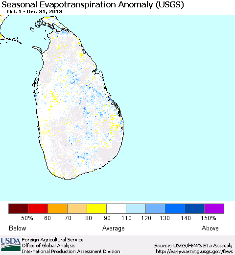 Sri Lanka Seasonal Actual Evapotranspiration Anomaly (USGS) Thematic Map For 10/1/2018 - 12/31/2018