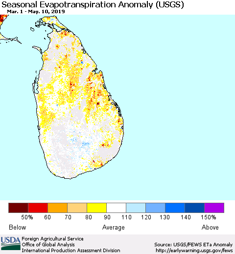 Sri Lanka Seasonal Actual Evapotranspiration Anomaly (USGS) Thematic Map For 5/1/2019 - 5/10/2019