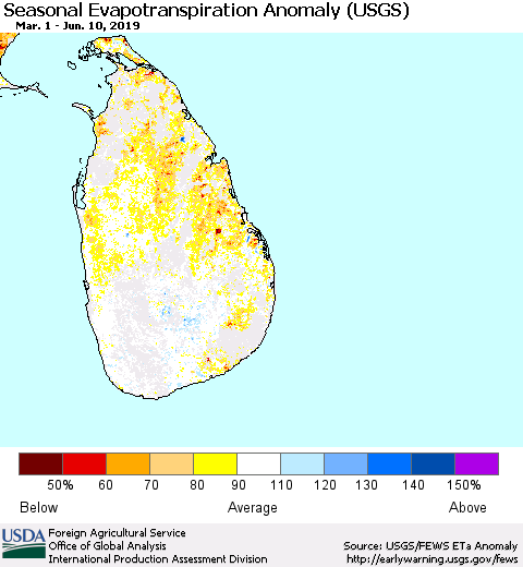 Sri Lanka Seasonal Actual Evapotranspiration Anomaly (USGS) Thematic Map For 5/1/2019 - 6/10/2019