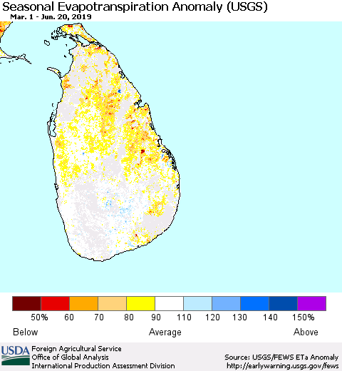 Sri Lanka Seasonal Actual Evapotranspiration Anomaly (USGS) Thematic Map For 5/1/2019 - 6/20/2019