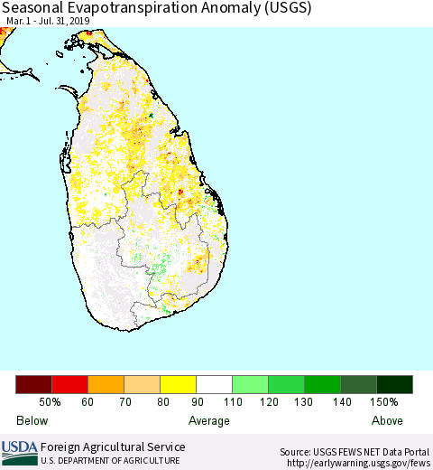 Sri Lanka Seasonal Actual Evapotranspiration Anomaly (USGS) Thematic Map For 5/1/2019 - 7/31/2019