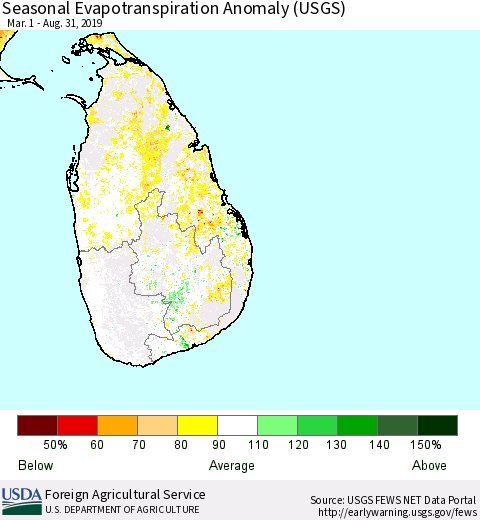 Sri Lanka Seasonal Actual Evapotranspiration Anomaly (USGS) Thematic Map For 5/1/2019 - 8/31/2019