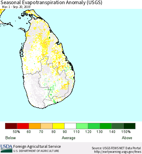 Sri Lanka Seasonal Actual Evapotranspiration Anomaly (USGS) Thematic Map For 5/1/2019 - 9/20/2019