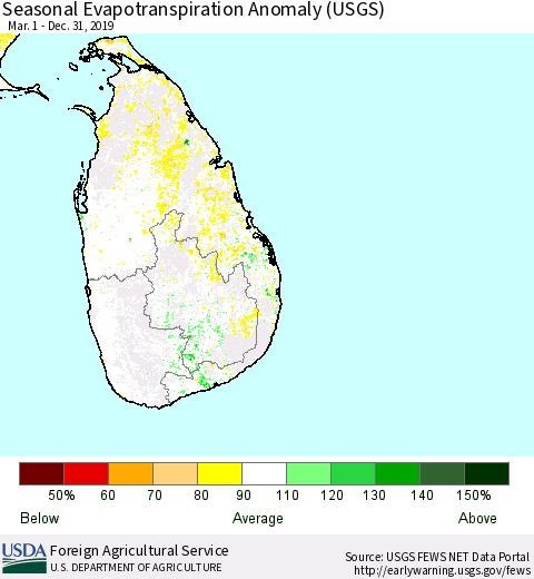 Sri Lanka Seasonal Actual Evapotranspiration Anomaly (USGS) Thematic Map For 5/1/2019 - 12/31/2019