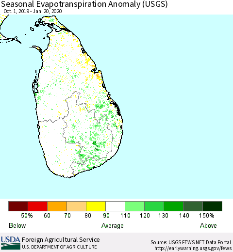 Sri Lanka Seasonal Evapotranspiration Anomaly (USGS) Thematic Map For 10/1/2019 - 1/20/2020