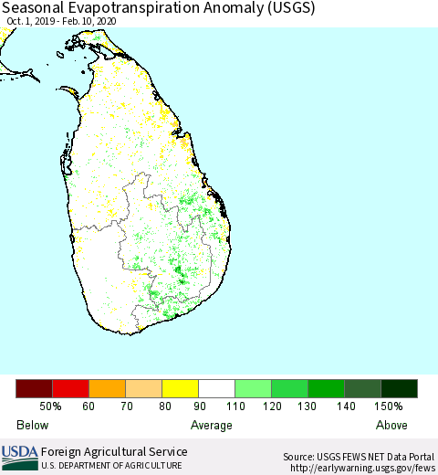 Sri Lanka Seasonal Actual Evapotranspiration Anomaly (USGS) Thematic Map For 10/1/2019 - 2/10/2020
