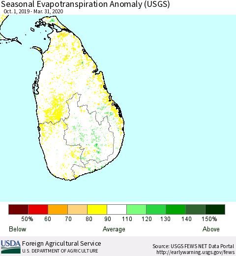 Sri Lanka Seasonal Evapotranspiration Anomaly (USGS) Thematic Map For 10/1/2019 - 3/31/2020